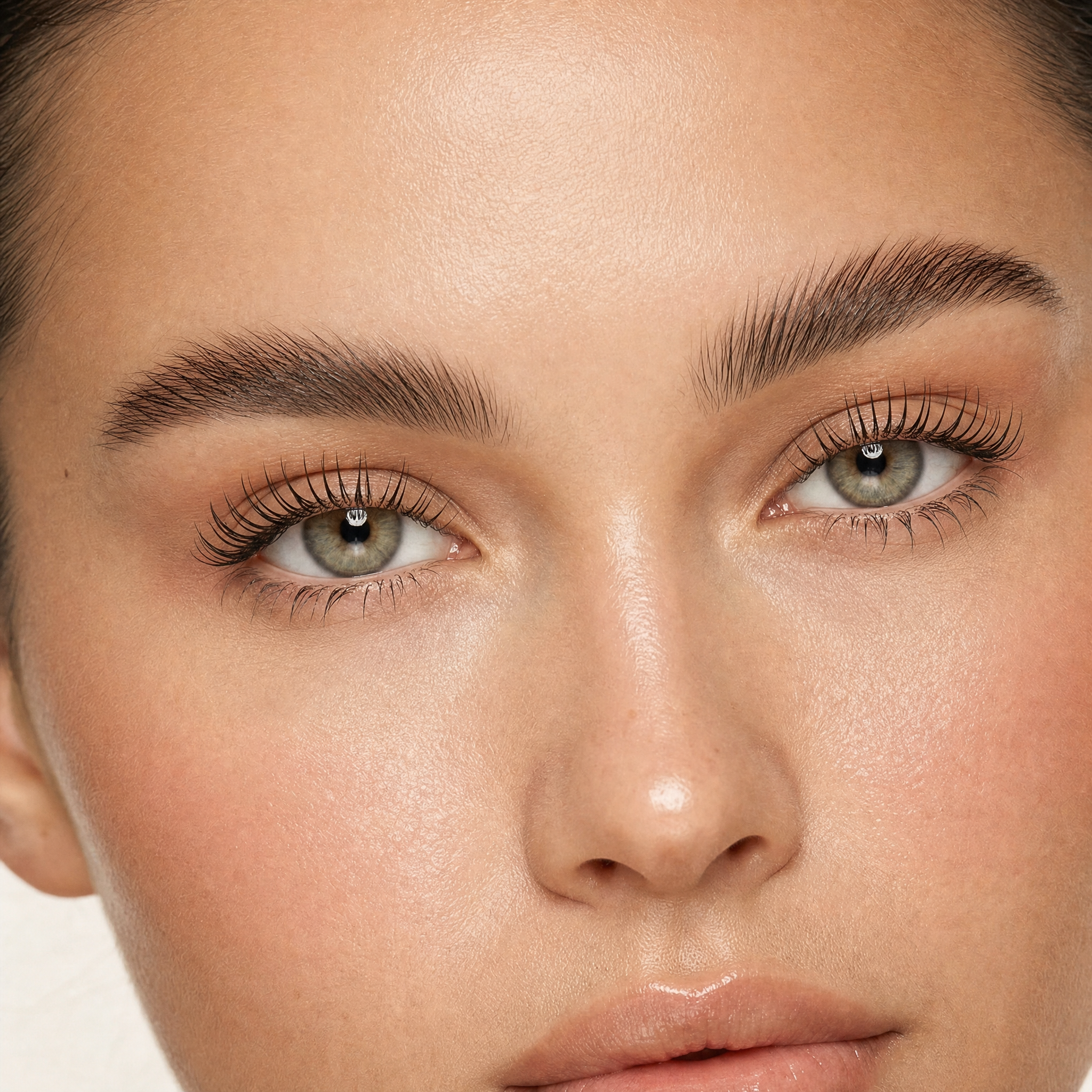 Close-up of defined brows, lifted lashes and natural skin texture