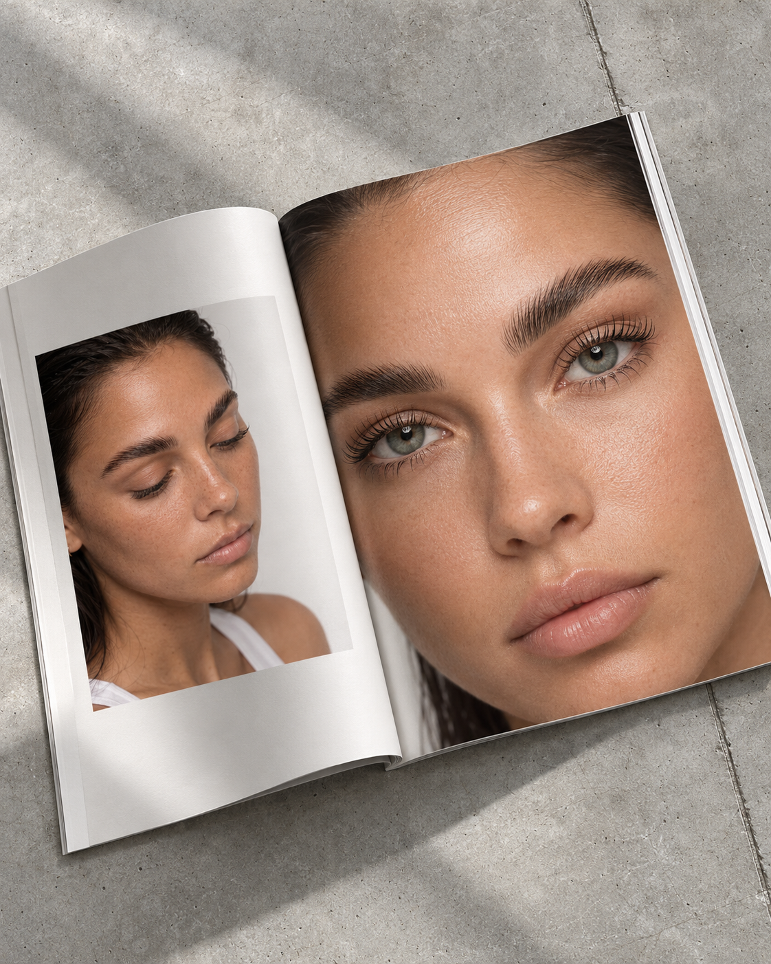 Editorial beauty book featuring BOO lash and brow portraits