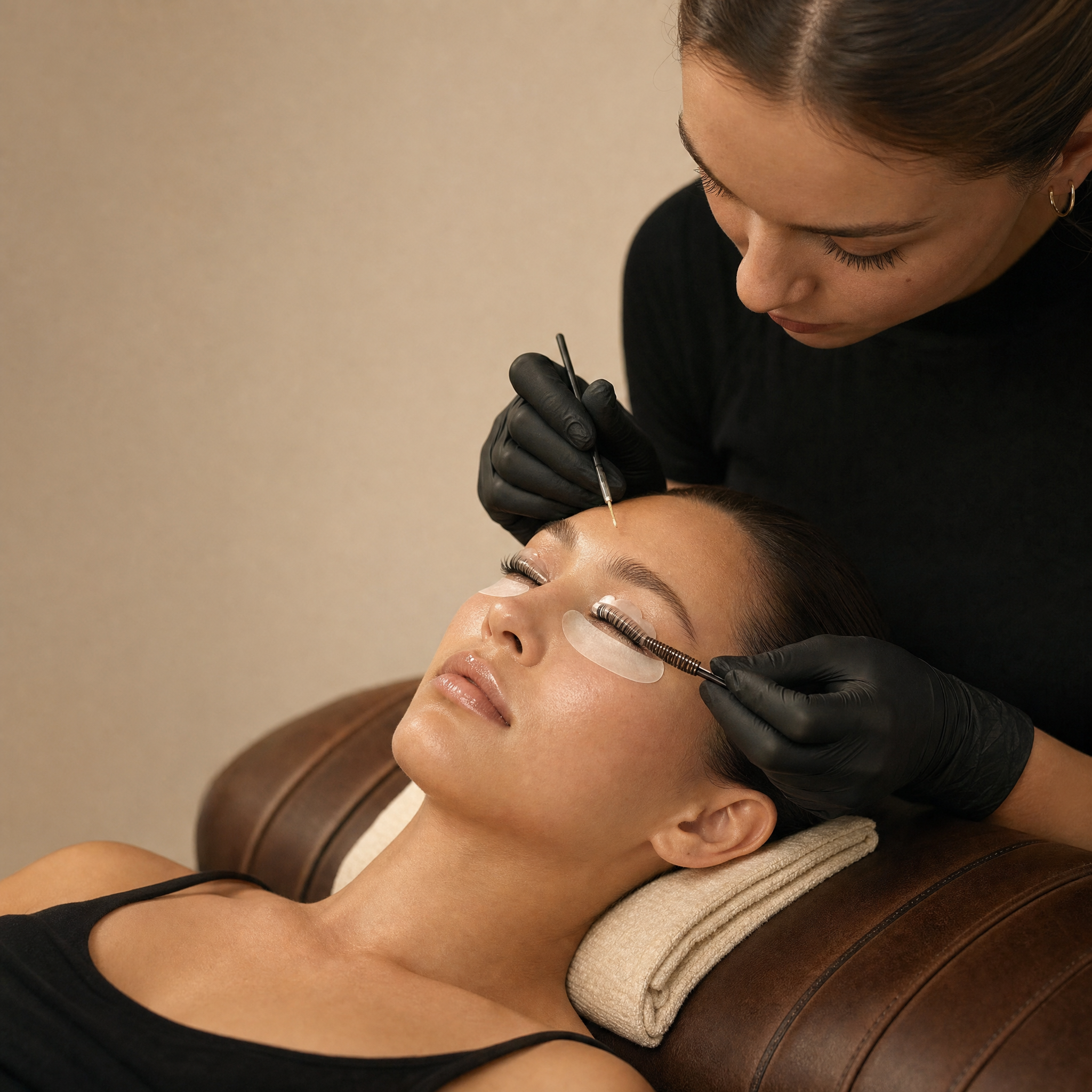 Lash artist performing a treatment with black professional gloves