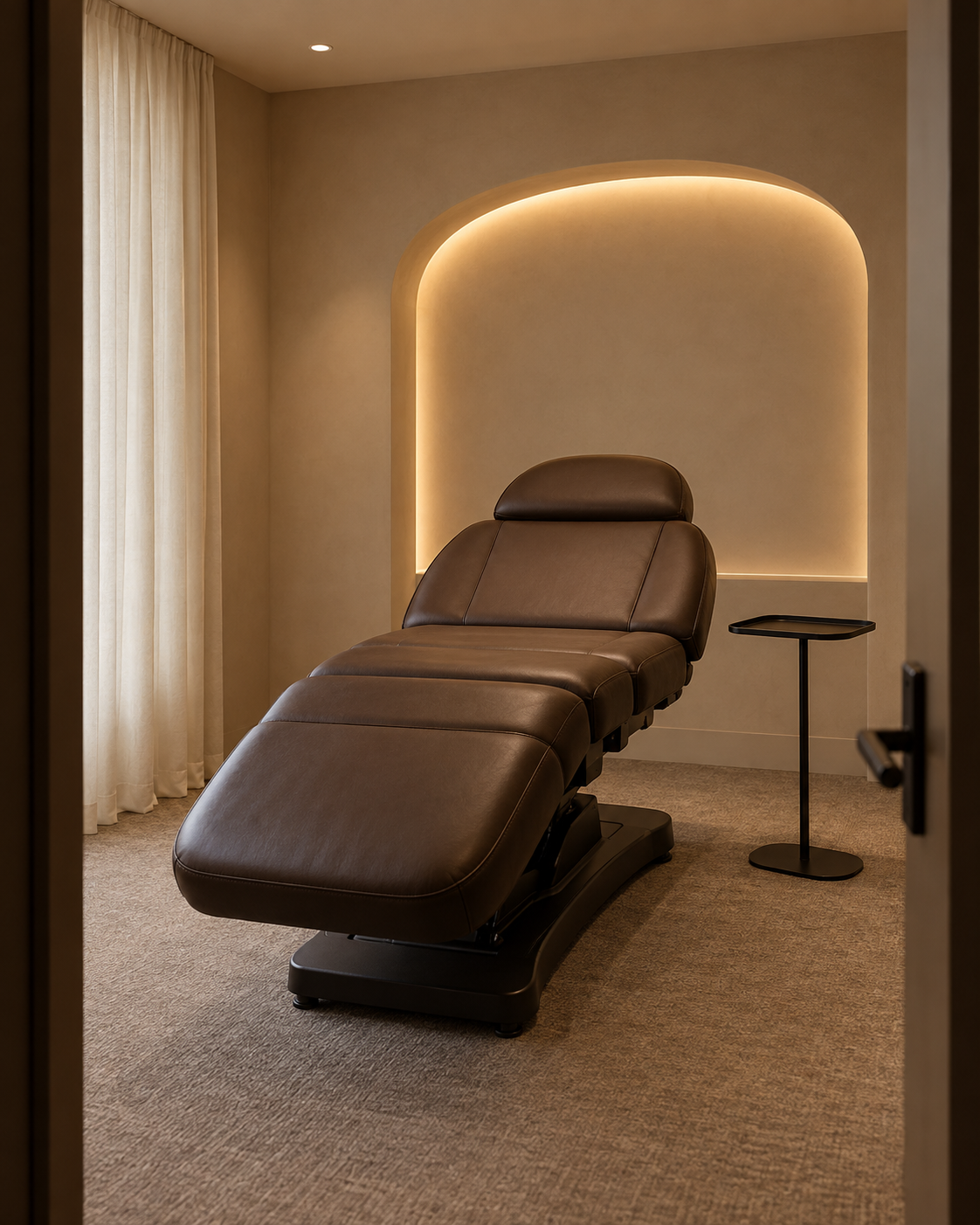Warmly lit beauty room with a sculptural treatment chair