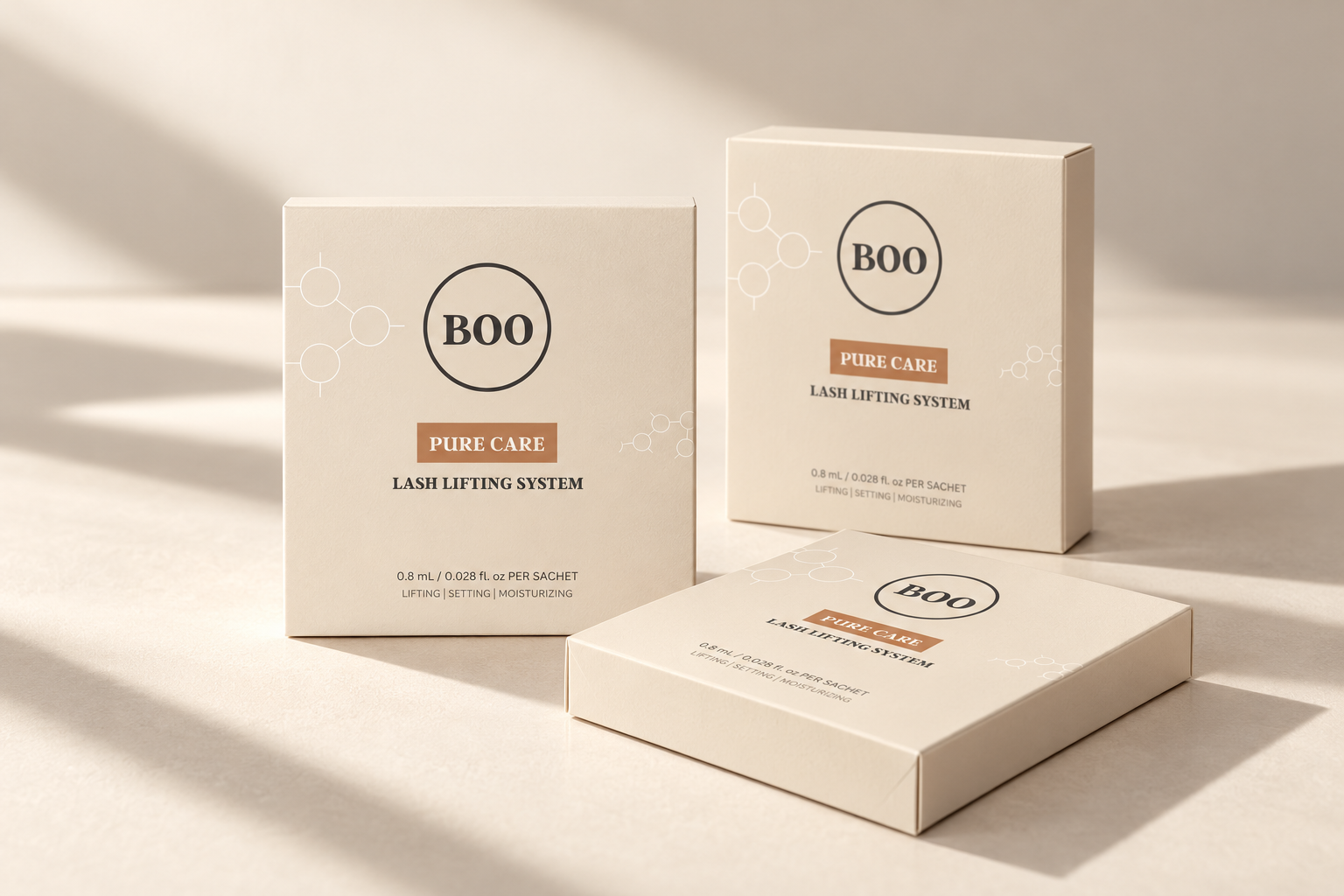 A curated arrangement of BOO Pure Care lash lifting systems
